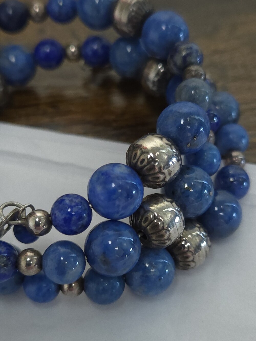 Vintage Lapis Lazuli Stone & Sterling Silver Beaded Wrap Bracelet Carlise CP 925 - Picture 8 of 13